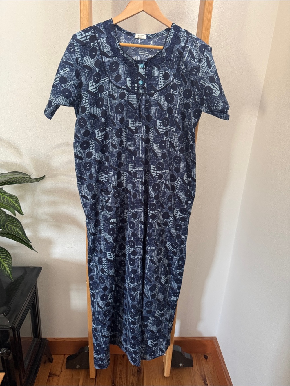Made in India House Dress/Nightgown Blue Patterned Short-Sleeve Pajama